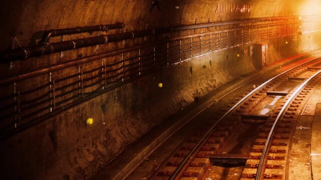 The scene shows train tracks running through a dark tunnel. There are metal rails and the walls are rocky. Lights create highlights along the path, adding depth to the view.