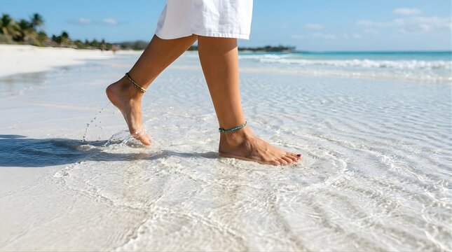 Woman walking barefoot in shallow tropical ocean water on sandy beach