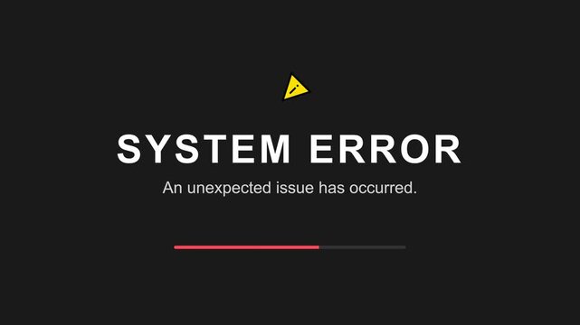 System error message, black background with white text and yellow triangle icon, loading bar, symbolizing technology failure, representing error, problem.