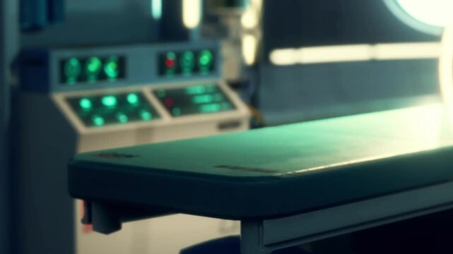 A room is set up for medical procedures. There is a table where patients lie during treatments. Medical equipment is visible in the background. Lights are on in the room.