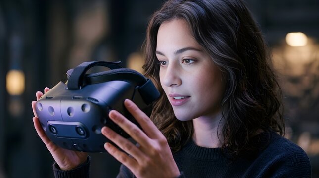 Young woman looking at a virtual reality headset indoors in low light