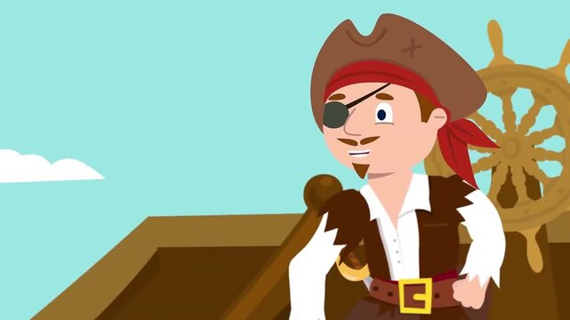 Animated Pirate Captain on Sailing Ship with Crew and Parrot