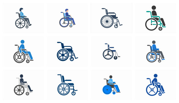 Set of flat wheelchair icons with people figures isolated on white