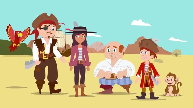 Animated Pirate Crew Standing Together on a Desert Island with Ship and Parrot