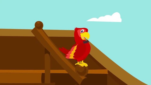 Animated Pirate Ship with Pirate Character and Colorful Parrot at Sea