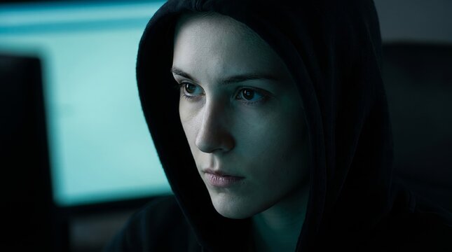 Woman hacker stares with intense focus in dark tech environment