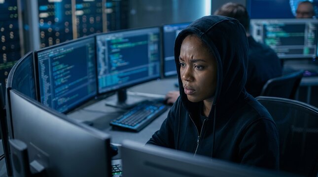 Woman monitoring security systems in tech operations center