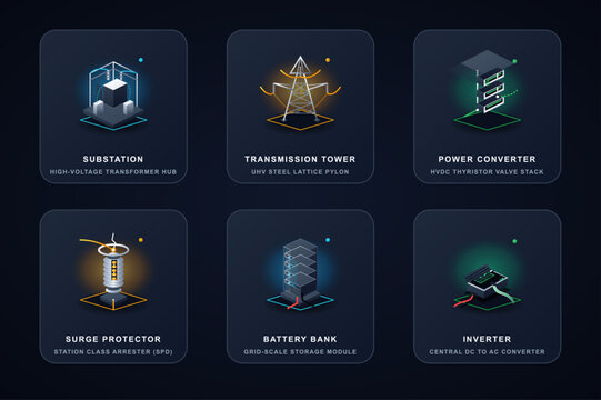 3D isometric icon set featuring power transmission elements including 3D printing transmission tower power converter surge protection battery bank inverter on dark background isometric transmission