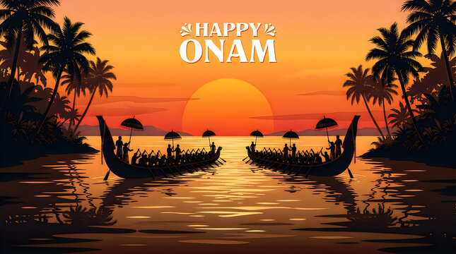 Happy onam festival celebration with traditional snake boat race in kerala backwaters at sunset isolated on transparent background