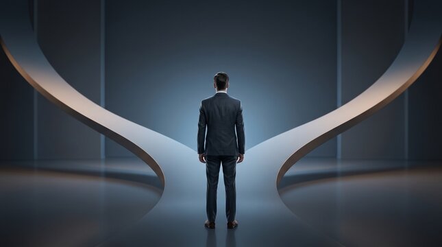Businessman standing at a fork in the road choosing between two paths