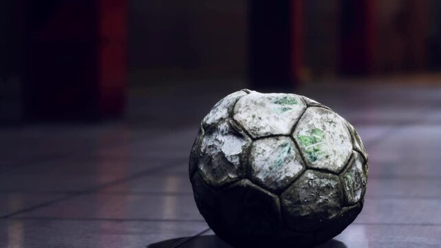 A worn soccer ball sits on a tiled floor in an empty room. Soft evening light filters in, creating shadows on the tiles. The scene shows stillness and focus on the ball.