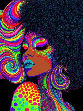Vibrant psychedelic pop art portrait of a woman with voluminous afro hair, neon rainbow swirls, colorful polka dots, and surreal retro fluorescent body paint glowing against a dark background.
