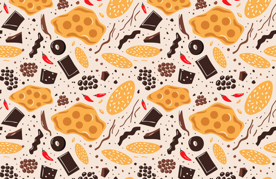Seamless food pattern with crunchy snacks, chocolate, seeds, nuts and spices illustrating the crunchy texture food trend in a playful style