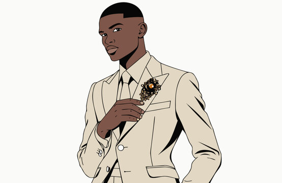 Stylized fashion illustration of an elegant man wearing a tailored cream suit with decorative brooch, showcasing sophisticated formal style