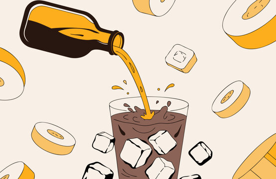 Stylized illustration of banana flavored drink with ice cubes and pouring liquid, representing the banana flavor food and beverage trend