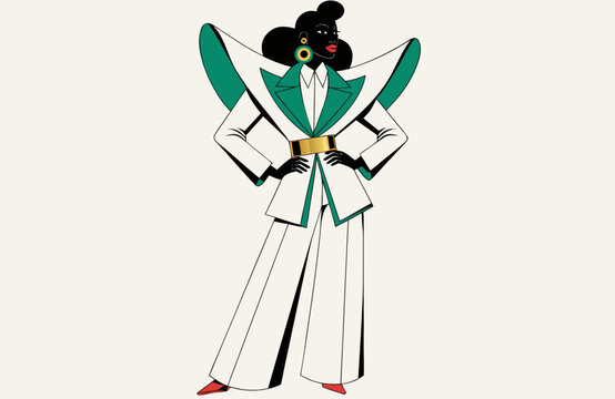 Stylized fashion illustration of a glamorous woman in an elegant white suit with bold green accents, statement jewelry and confident pose