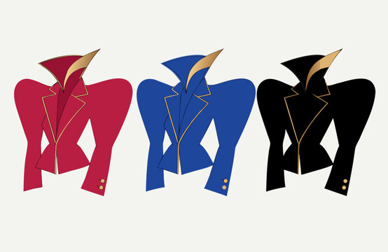 Stylized fashion illustration of three glamorous tailored jackets in red, blue and black with dramatic shoulders and elegant gold accents