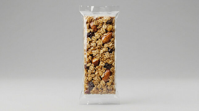 Granola bar in clear plastic packaging