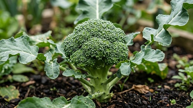 A head of fresh green broccoli growing in the dark soil of an organic vegetable garden at daytime