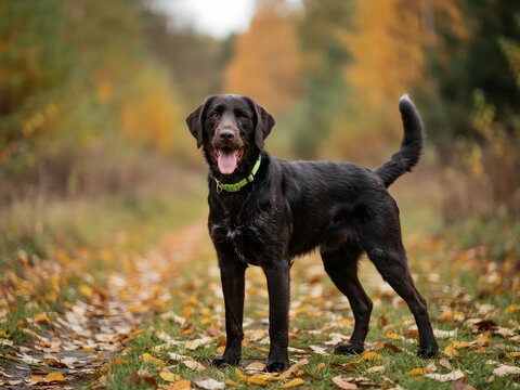 Happy black Labrador Retriever dog standing outdoors in autumn park