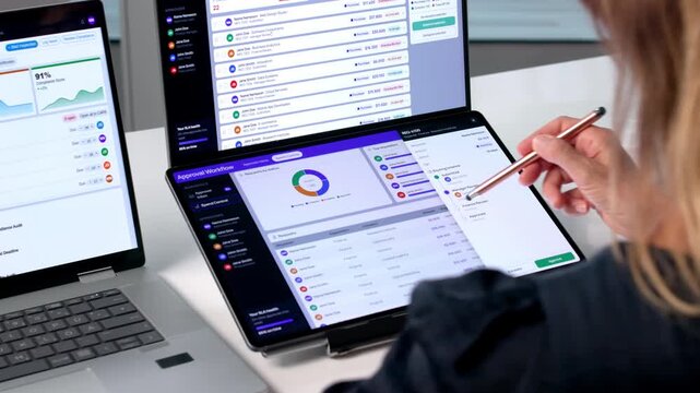 Mature Woman Uses Dual Touchscreen Laptop Managing Finance Approval Workflow