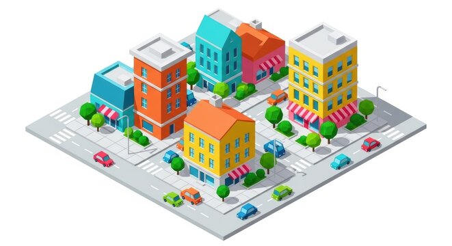 Colorful isometric city block with buildings, cars, trees, and streets