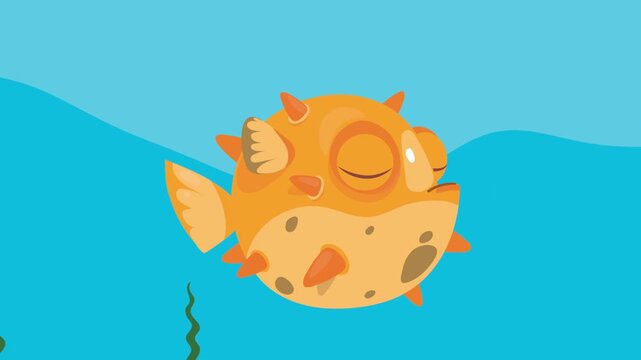 Animated puffer fish character swimming in blue sea with underwater background and seaweed animation clip.