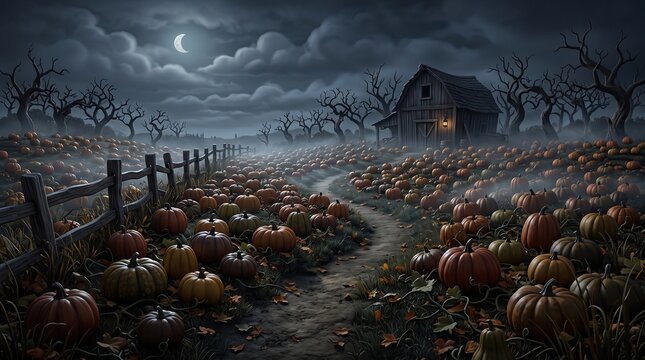 Eerie pumpkin patch, old barn, bare trees under misty moonlit sky, dark atmospheric digital art, an ideal halloween background, backdrop, banner.