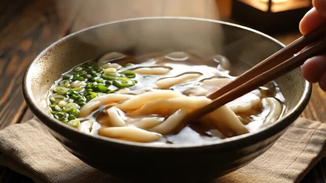 Close up of a steaming bowl of udon noodle soup, featuring thick noodles, fish cake, and chopped green onions, set against a rustic wooden surface.