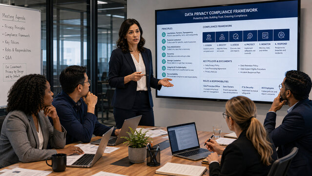 Woman presenting data privacy compliance to diverse team