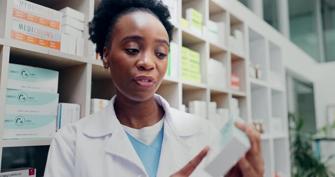 Face, chemist and medicine in pharmacy with video call, explain sinus relief benefits or instruction. Black woman, pharmacist and talk with online consultation POV, advice and drugs for congestion.