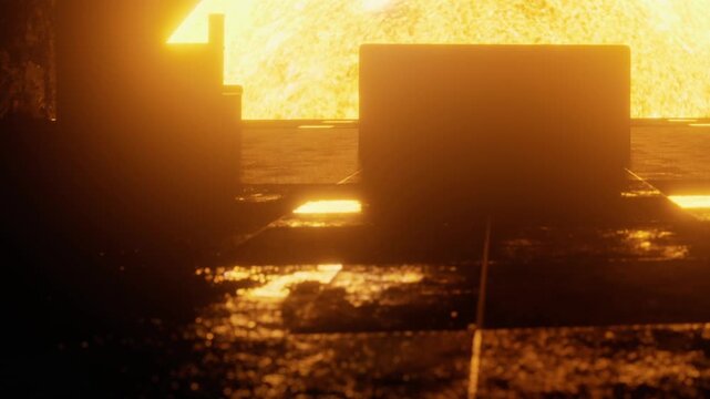 Light floods a dim area as a strong source shines from behind. The environment is easy to see with warm colors reflecting on the ground.