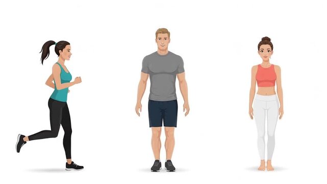 Flat vector illustration of people exercising, running, and stretching. Fitness characters performing various workout activities isolated on a white background.