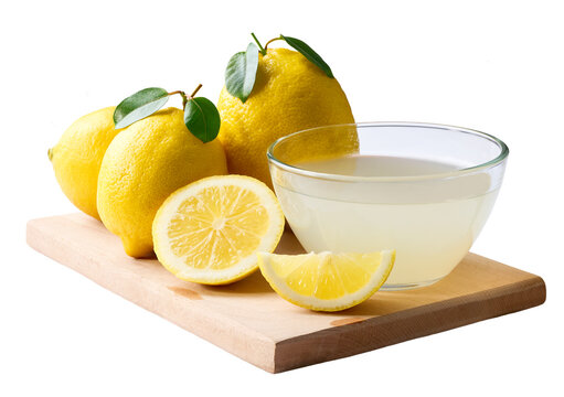 Fresh lemons fruit and bowl of lemon juice isolated on white background. freshly squeezed lemon juice.