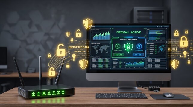 Cyber security showing computer monitor with firewall active dashboard and router, encrypted data protection, golden padlocks and shields floating, network safety