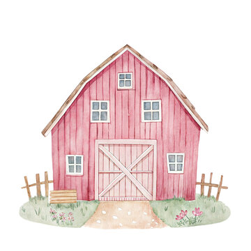 Cute watercolor illustration of a friendly red farm barn building isolated