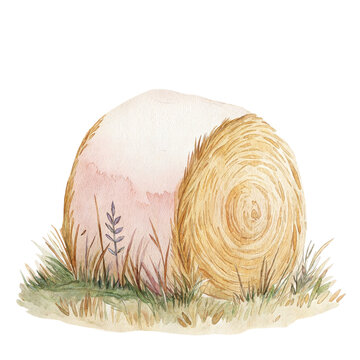 Cute watercolor illustration of a round hay bale or straw roll isolated