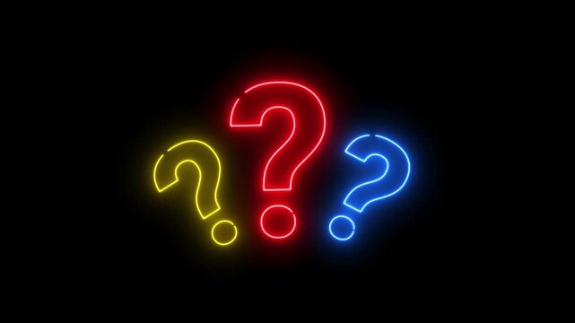 Neon question mark animated colorful glowing symbols flickering and popping for quiz help in 4K black background.