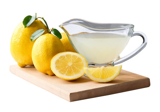 Fresh lemons fruit and of lemon juice isolated on white background. freshly squeezed lemon juice.
