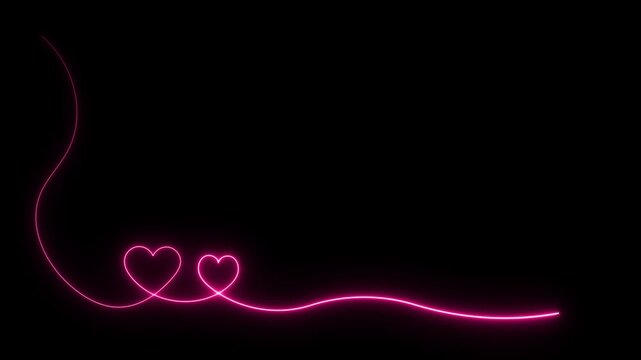 Wedding animated neon pink line flowing from top left into bottom corner hearts in 4k on black background
