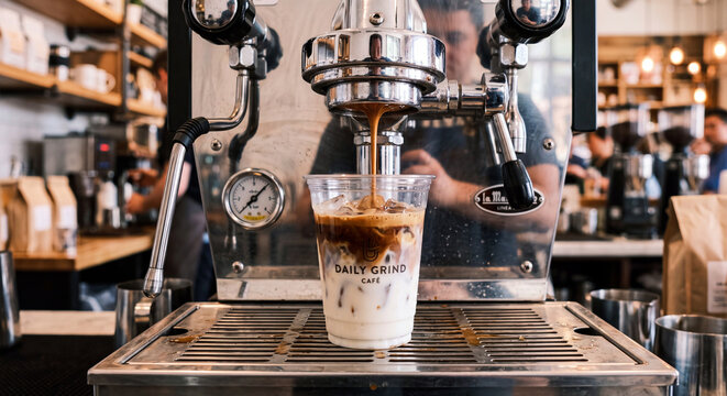 Espresso Machine Pouring Fresh Coffee Layer into Iced Milk in Clear Plastic Cup on Drip Tray