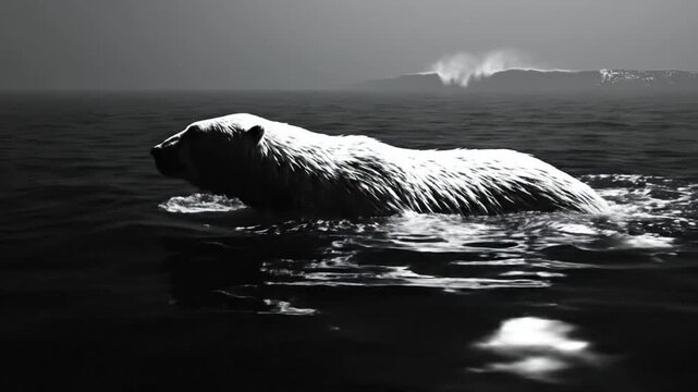 Lone polar bear swimming in ocean water, facing away from viewer with overcast sky and dark monochrome landscape