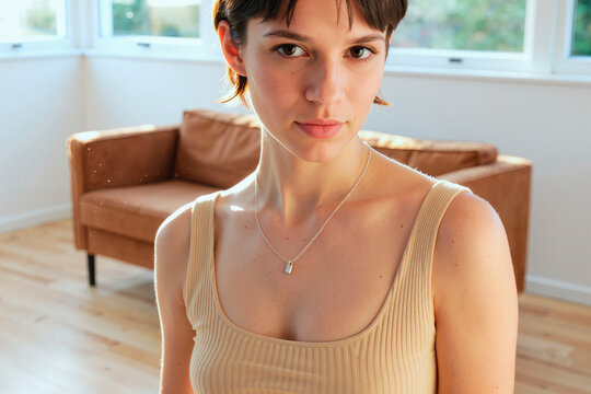 Portrait of Caucasian young adult woman facing camera, conveying confidence and natural beauty in home setting. Ideal for skincare, wellness, self care, lifestyle branding