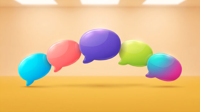 Five glossy colorful three dimensional speech bubbles arranged in a gentle arch across a minimalist studio background creating a vibrant concept for digital social communication