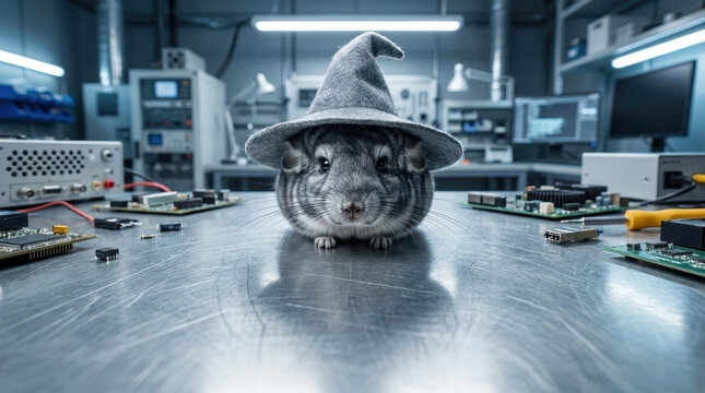 Adorable Halloween pet in spooky costume, curious chinchilla resting on metal workbench inside modern laboratory