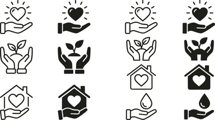 Fototapeta premium Charity and Care Icon Set Featuring Hands Holding Heart Plant Sprout House and Water Drop Symbols in Line Art and Solid Glyph Styles