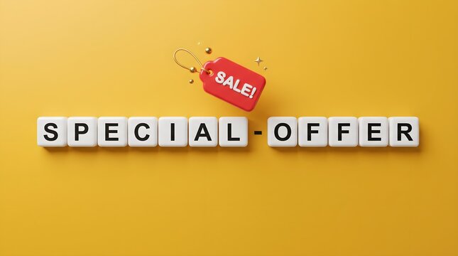 Special offer text displayed on white blocks with a red sale tag floating above against a bright yellow background for commercial marketing and retail promotion