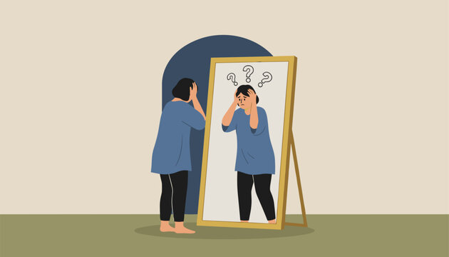 Stressed woman looking at her reflection in a large floor mirror with floating question marks depicting self doubt or confusion.