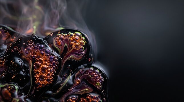 Black liquid with glowing bubbles and colorful swirls in dark background  