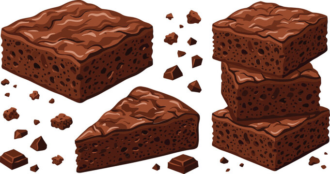 Chocolate Brownie Blocks and Cake Slices Vector Illustration Set Featuring Stacked Fudgy Brownies Cocoa Cubes and Crumb Pieces for Dessert Menu Designs
